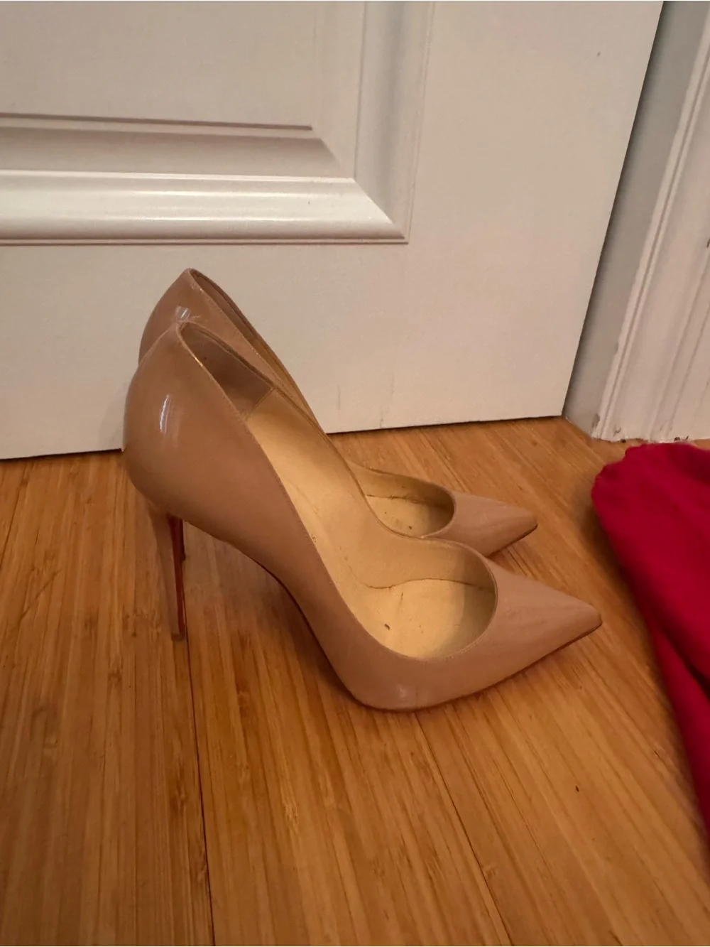Christian Louboutin Blush Patent Pointed-Toe Stiletto with Red Sole